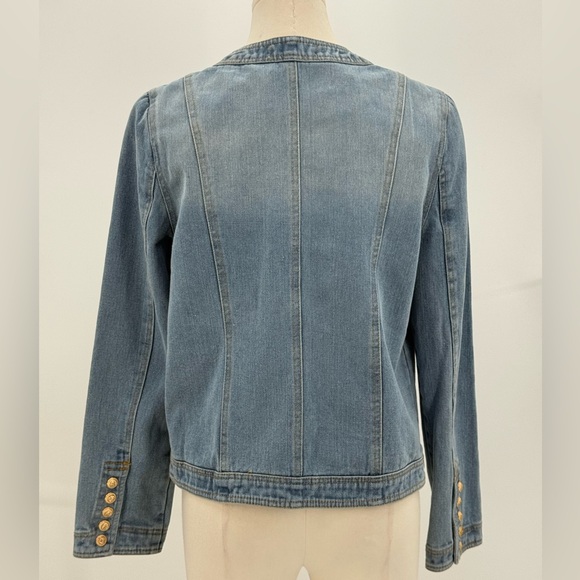 Ma Cherie Light Wash Denim Jacket with Gold Crest Buttons Chic Military Style - Picture 6 of 15